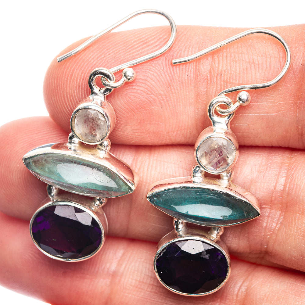 Aquamarine, Amethyst, Rainbow Moonstone Earrings 1 1/2" (925 Sterling Silver) E432535