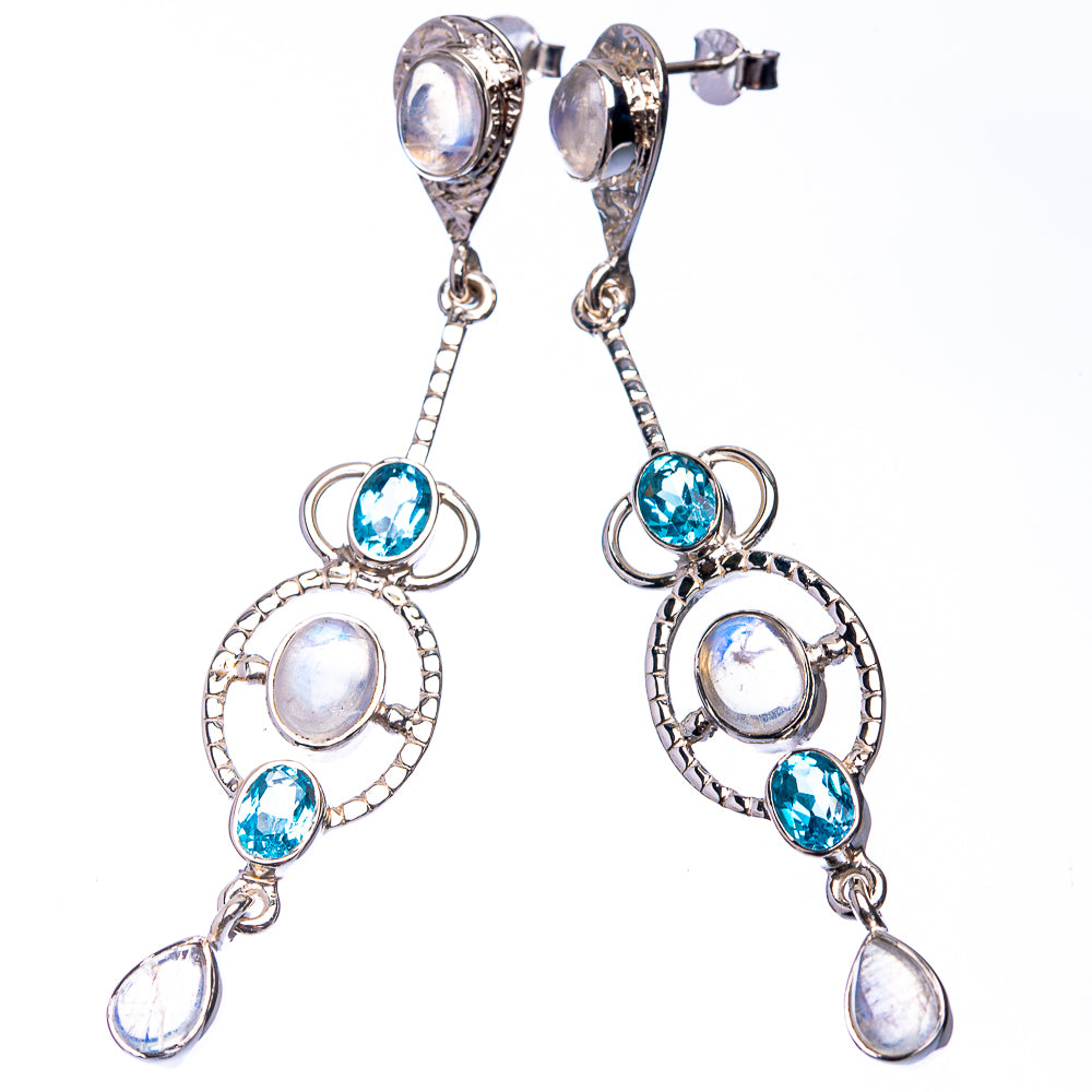 Signature Rainbow Moonstone, Blue Topaz Earrings 2 3/4" (925 Sterling Silver) E432341