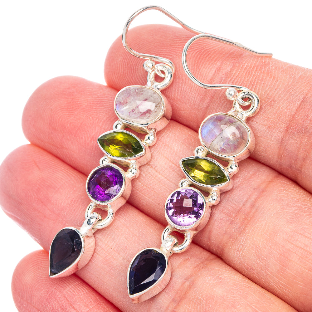 Rainbow Moonstone, Peridot, Amethyst, Tanzanite Earrings 2" (925 Sterling Silver) E433118