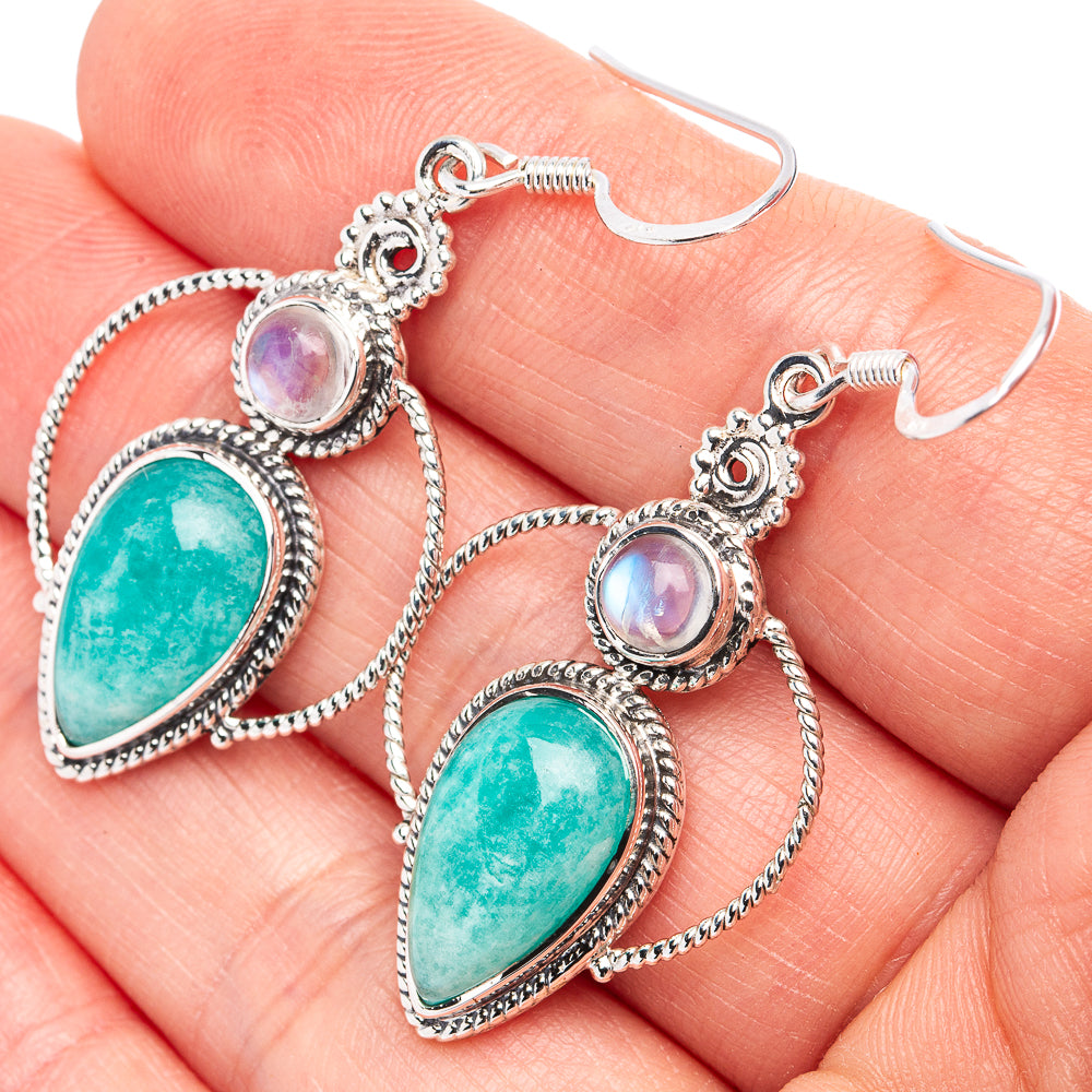 Premium Amazonite, Rainbow Moonstone Earrings 1 7/8" (.925 Sterling Silver)