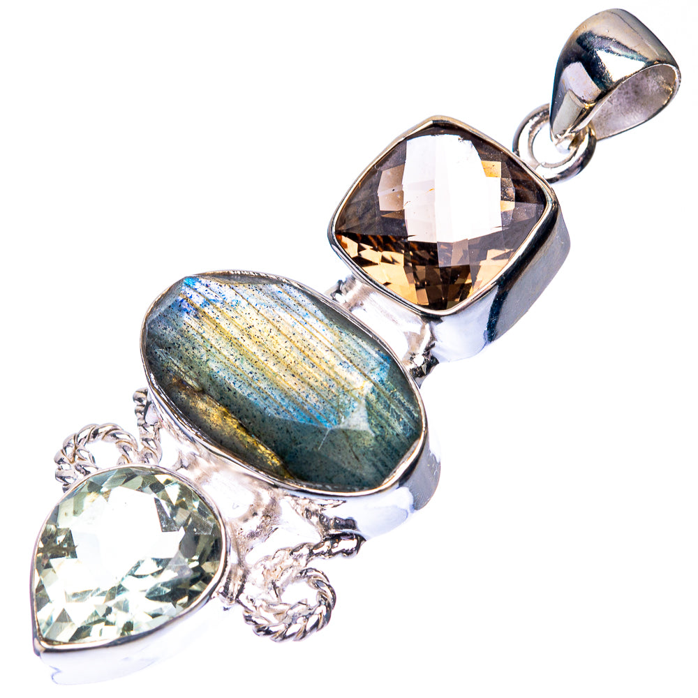 Labradorite, White Quartz, Smoky Quartz Pendant 2 1/8" (925 Sterling Silver) P38686