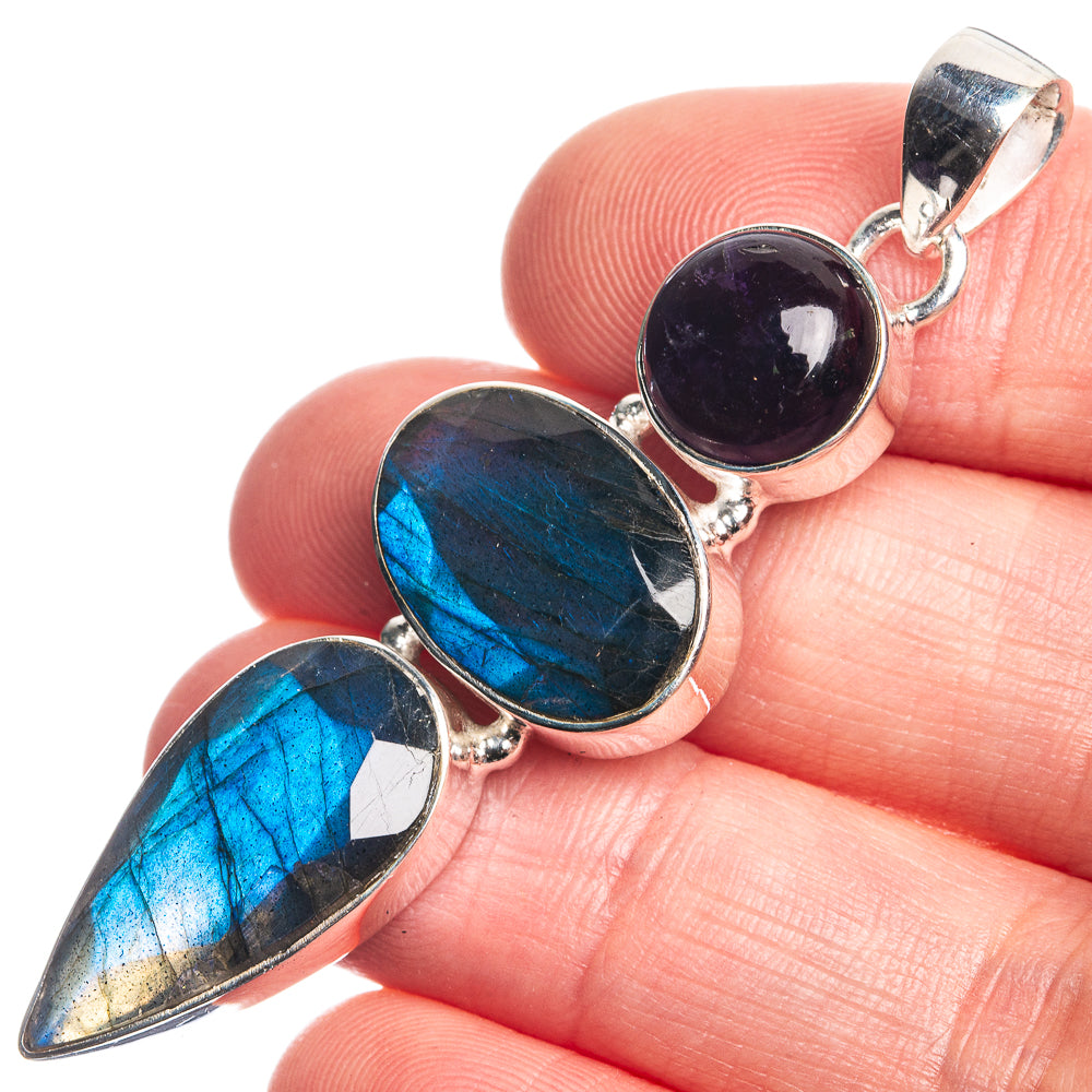 Labradorite, Amethyst 925 Sterling Silver Pendant 2 1/4"