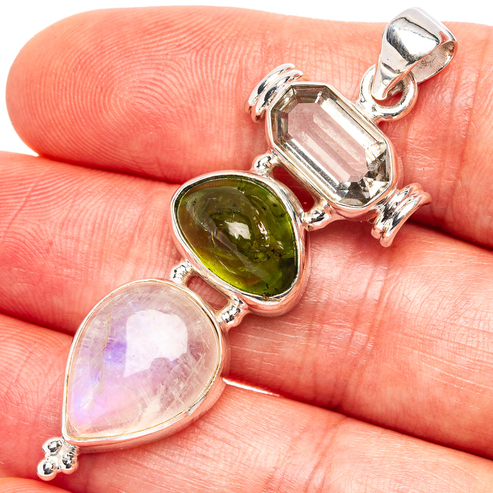 Premium Rainbow Moonstone, Peridot, Green Amethyst Pendant 2 1/8" (.925 Sterling Silver)