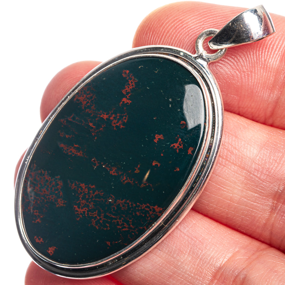 Bloodstone 925 Sterling Silver Pendant 1 7/8"