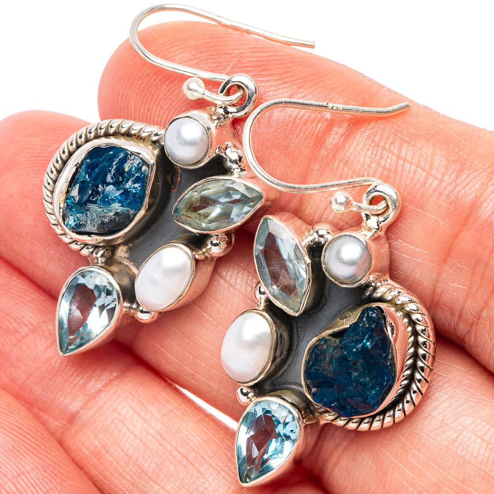 Blue Fluorite, Blue Topaz, Cultured Pearl Earrings 1 5/8" (925 Sterling Silver) E2401