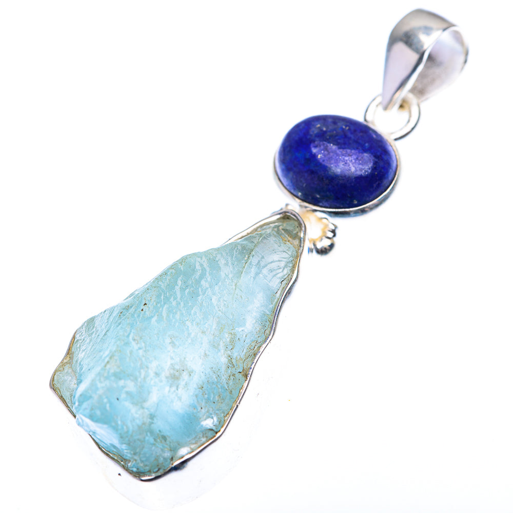 Raw Aquamarine, Lapis Lazuli Pendant 2" (925 Sterling Silver) PD38448