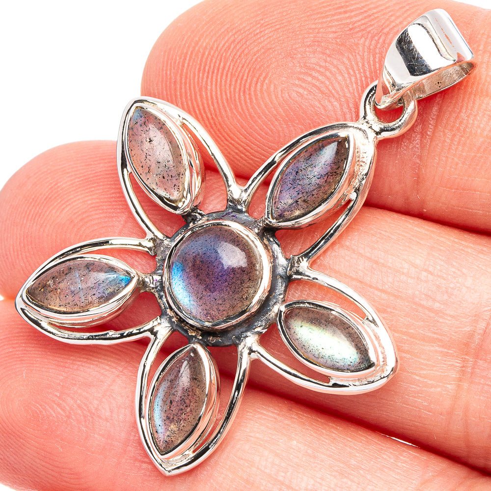 Labradorite Flower 925 Sterling Silver Premium Pendants 1 5/8" (925 Sterling Silver) P43754