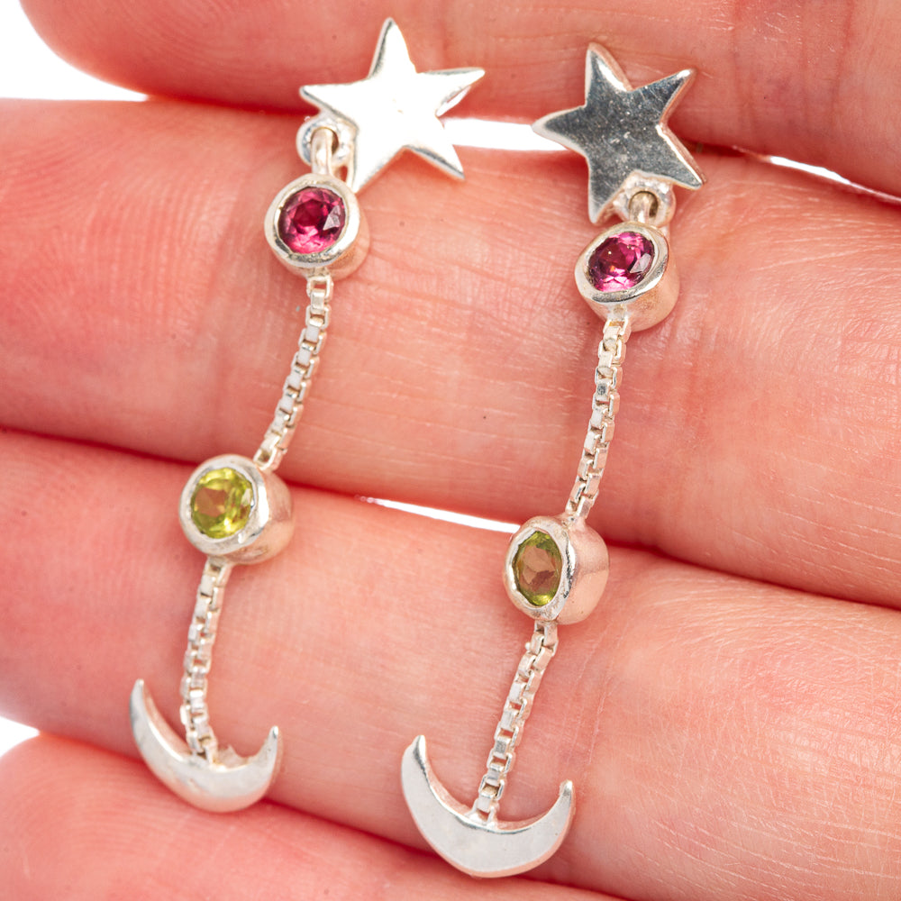 Pink Tourmaline, Peridot Star Moon Earrings 1 5/8" (925 Sterling Silver) E433535