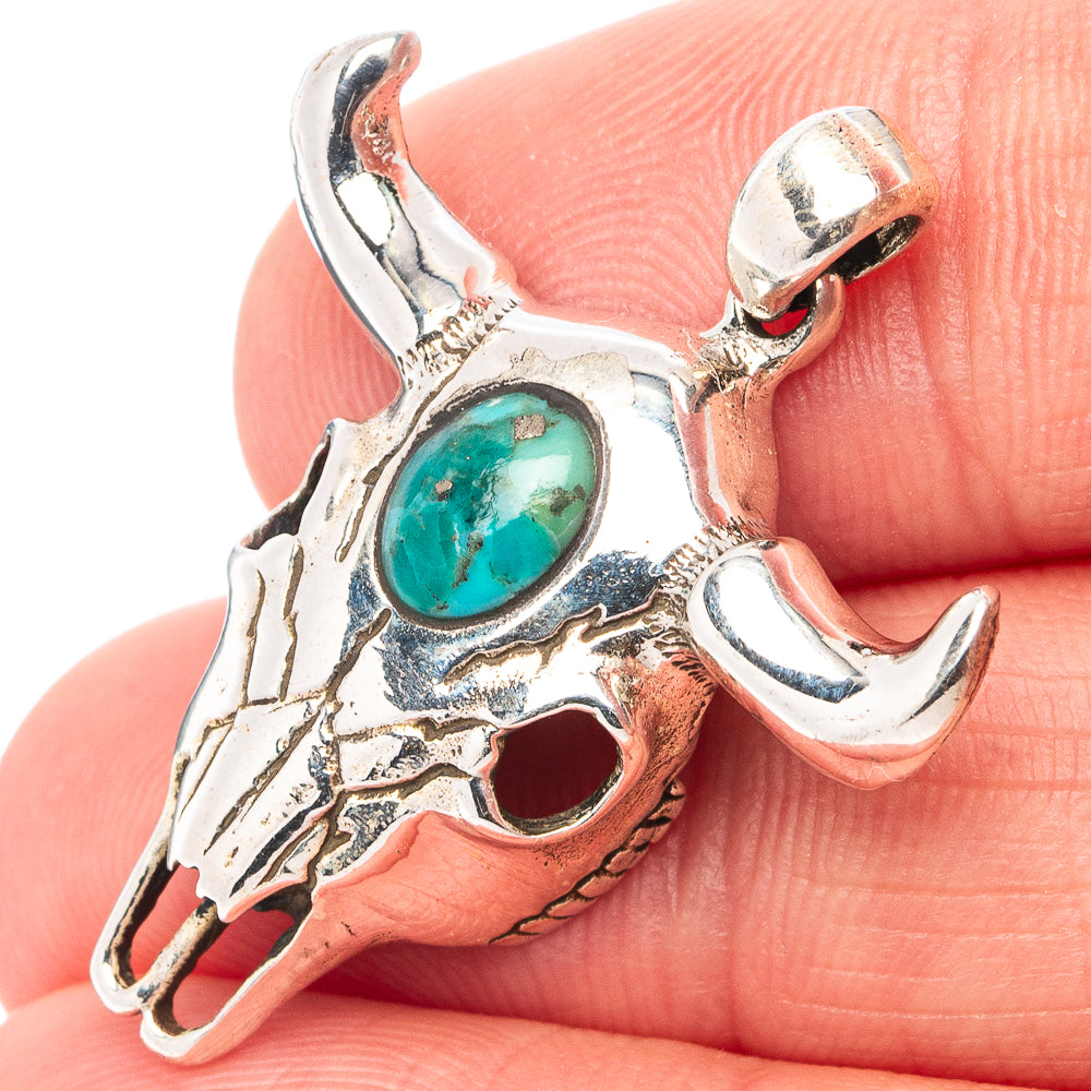 Mohave Turquoise Cow Skull Pendant 1 1/4" (.925 Sterling Silver)