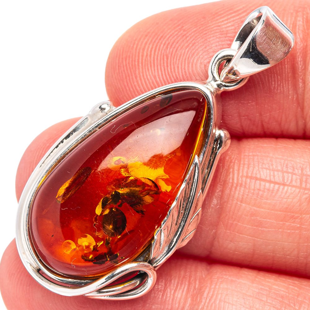 Baltic Amber Leaf Pendant 1 5/8" (.925 Sterling Silver)