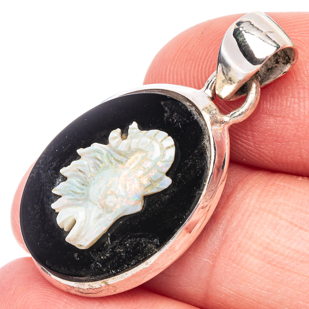 Rare Carved Opal Lady Cameo On Black Onyx Pendant 1 1/4" (925 Sterling Silver) P44444
