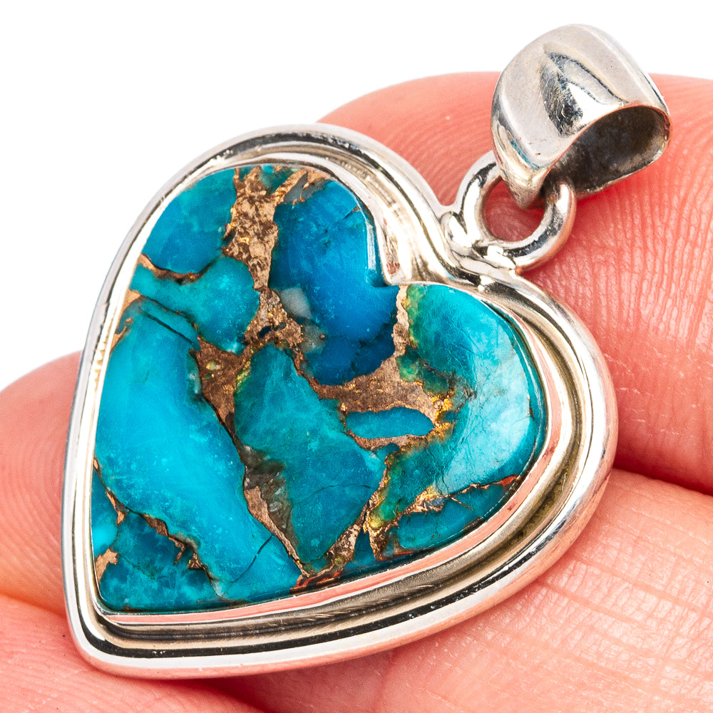 Blue Copper Composite Turquoise Heart Pendant 1 1/4" (925 Sterling Silver) P43432