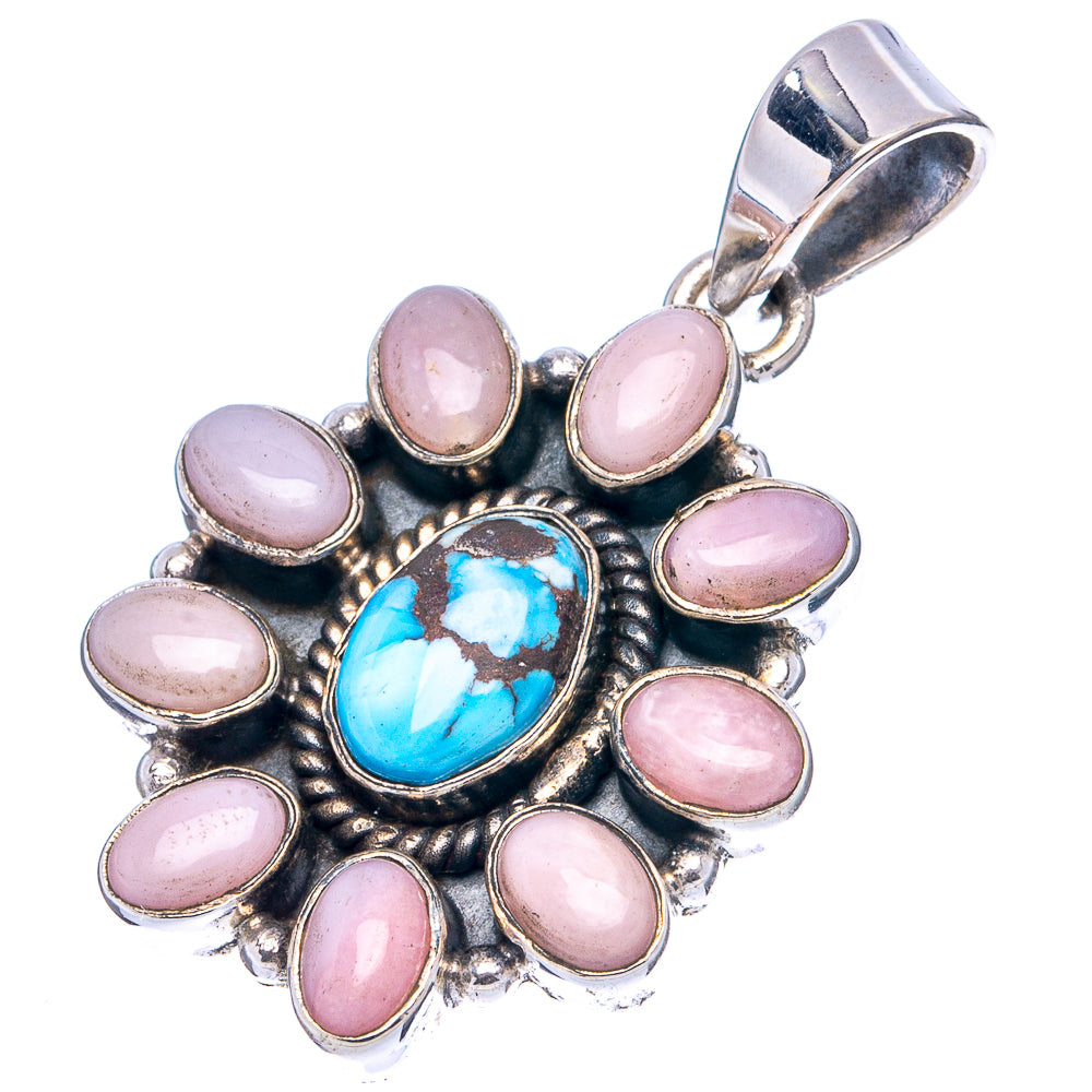 Rare Golden Hills Turquoise, Pink Opal Native Style Pendant 1 1/2" (.925 Sterling Silver)