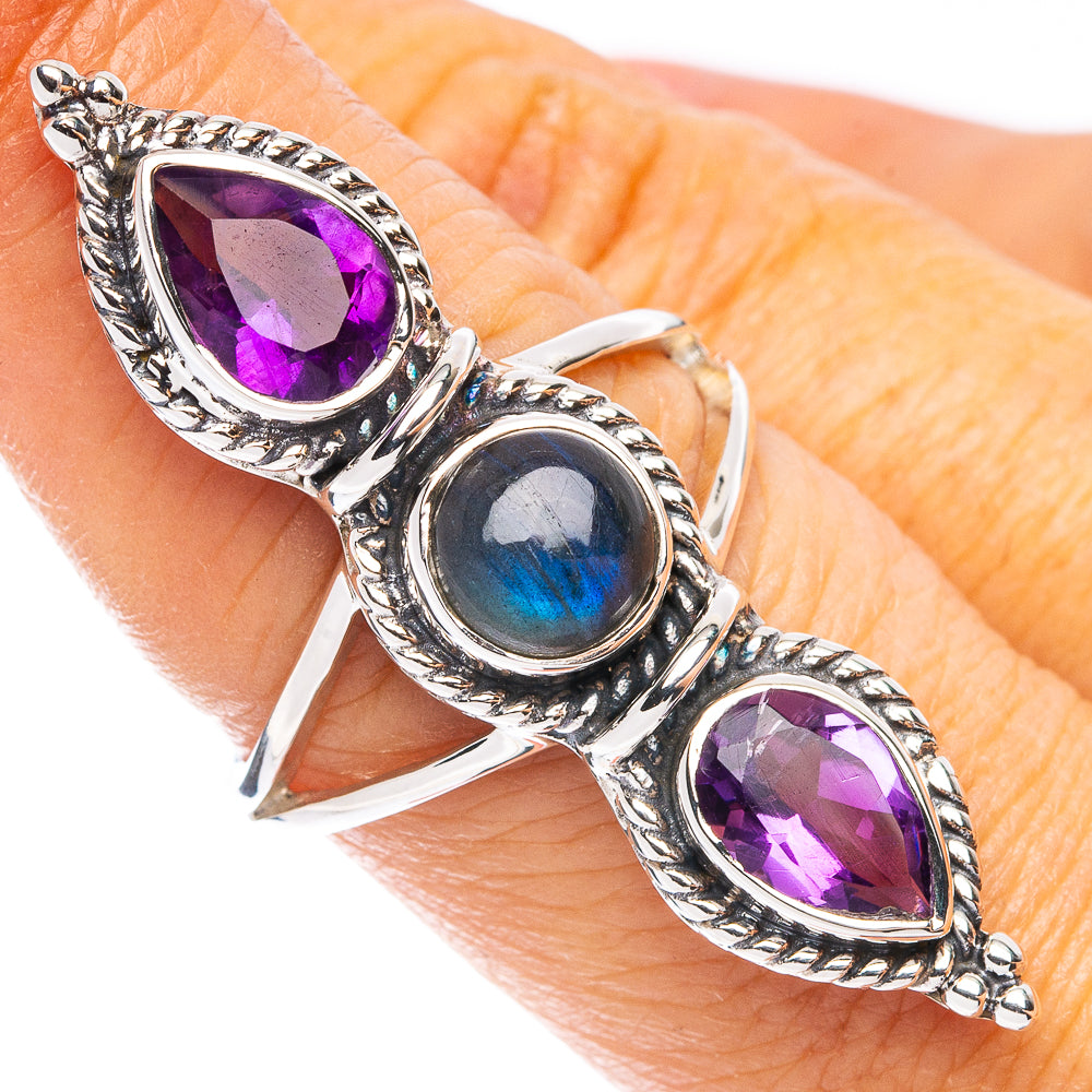 Premium Labradorite, Amethyst Ring Size 8 (925 Sterling Silver) R8096