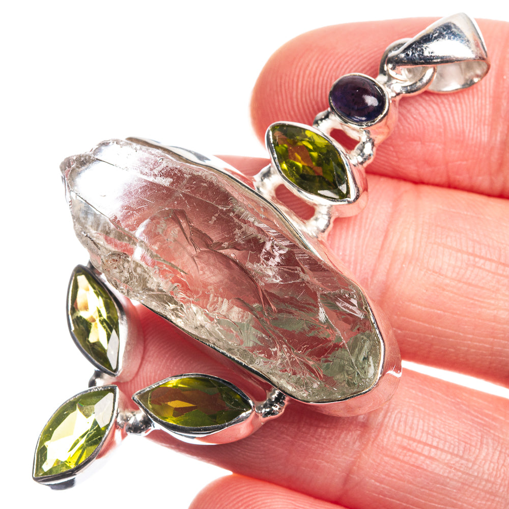 Rough Green Amethyst, Peridot, Tanzanite 925 Sterling Silver Pendant 2 1/4"
