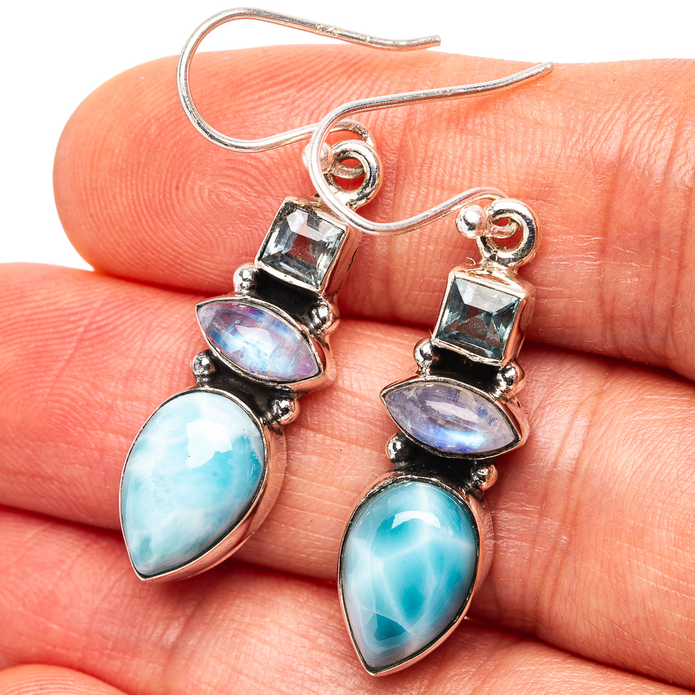 Premium Larimar, Rainbow Moonstone, Blue Topaz Earrings 1 5/8" (.925 Sterling Silver)