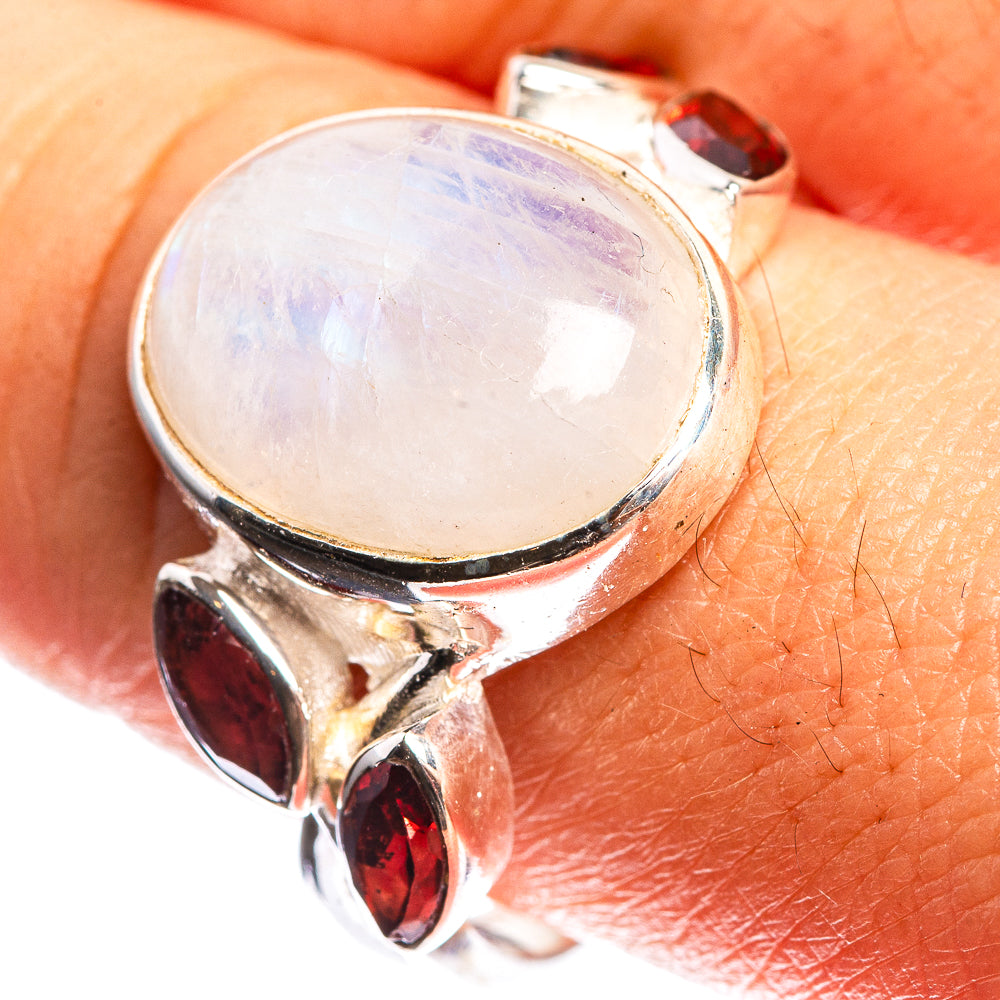 Rainbow Moonstone, Garnet 925 Sterling Silver Ring Size 9.75