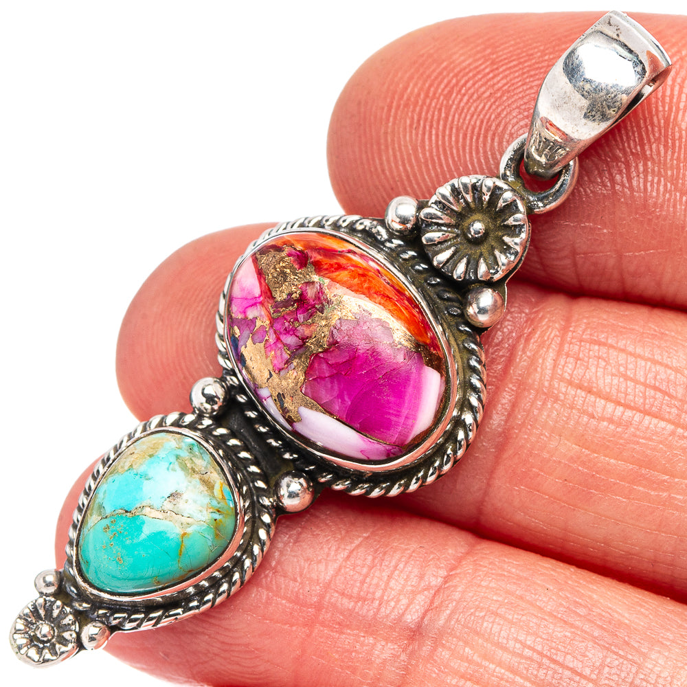 Native Style Pink Dahlia Mohave Turquoise, Mohave Turquoise Pendant 1 7/8" (.925 Sterling Silver)