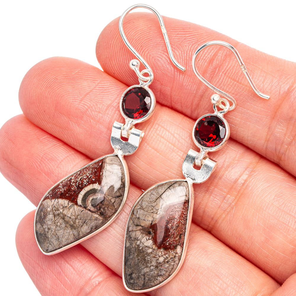 Mushroom Rhyolite, Garnet Earrings 2" (925 Sterling Silver) E433290
