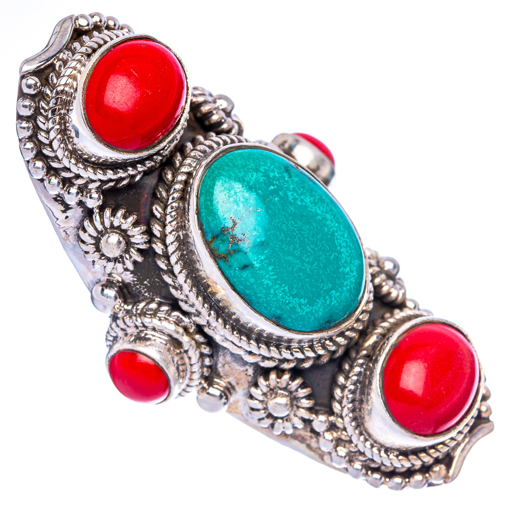Gigantic Tibetan Turquoise, Red Coral Ring Size 6.5 (925 Sterling Silver) R146043