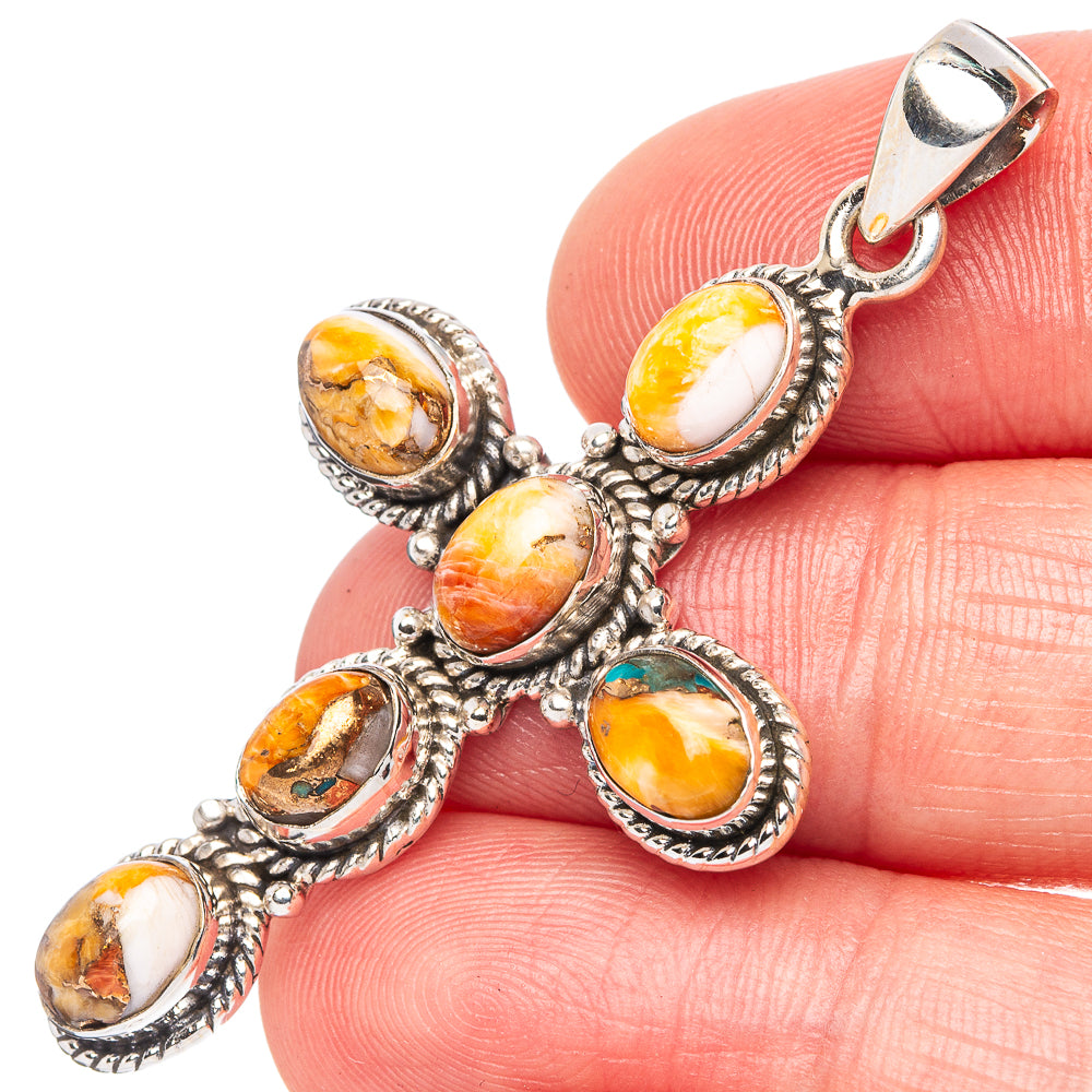 Spiny Oyster Turquoise Cross Pendant 2" (925 Sterling Silver) P43074