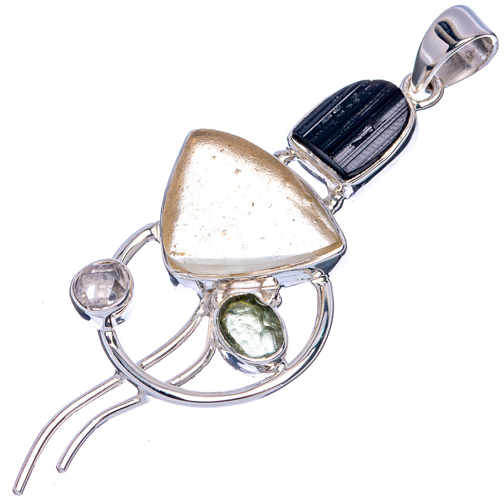 Signature Libyan Desert Glass, Moldavite, Black Tourmaline, Herkimer Diamond Pendant 2 1/2" (925 Sterling Silver) P42288