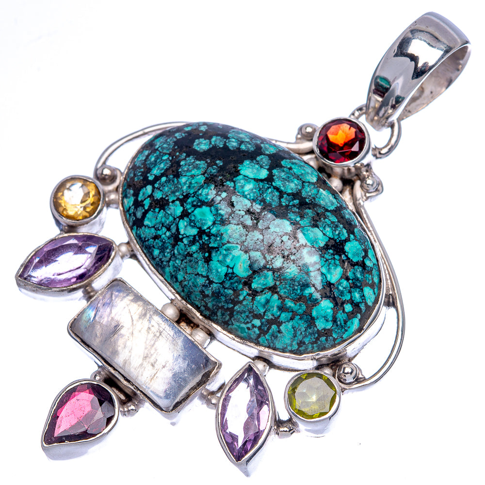 Large Tibetan Turquoise, Rainbow Moonstone, Amethyst, Garnet, Peridot, Citrine Pendant 2 3/8" (925 Sterling Silver) P40102