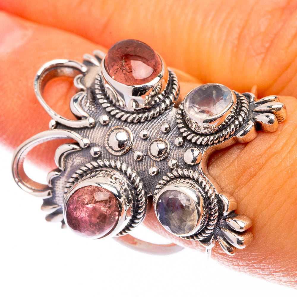 Large Pink Tourmaline, Rainbow Moonstone Ring Size 6.5 (925 Sterling Silver) R141658