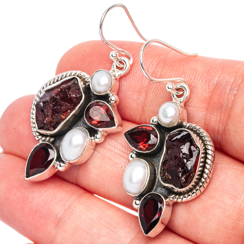 Premium Rough Garnet, Cultured Pearl Earrings 1 5/8" (925 Sterling Silver) E1250