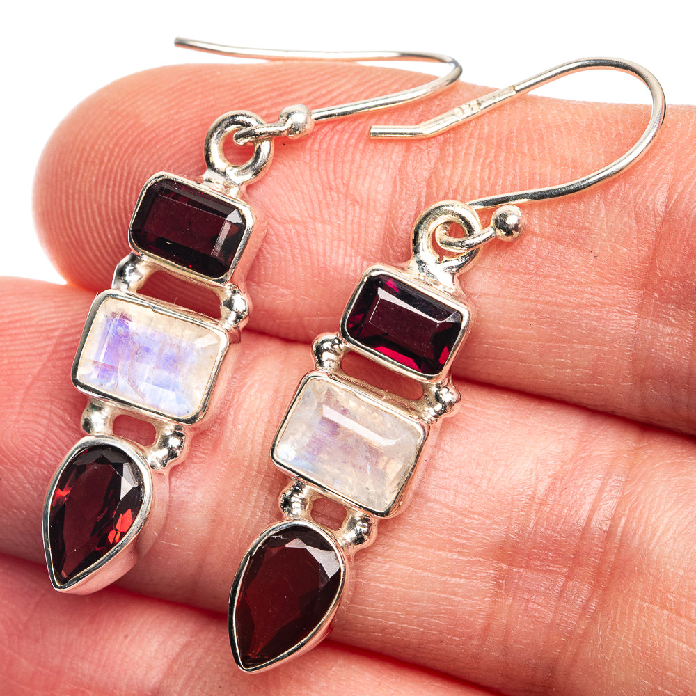 Rainbow Moonstone, Garnet Earrings 1 5/8" (925 Sterling Silver) E432642