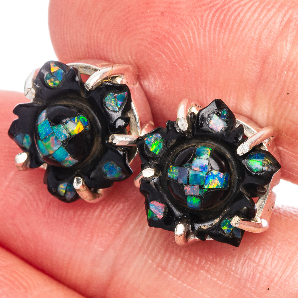 Rare Black Onyx Opal Earrings 1/2" (925 Sterling Silver) E1162