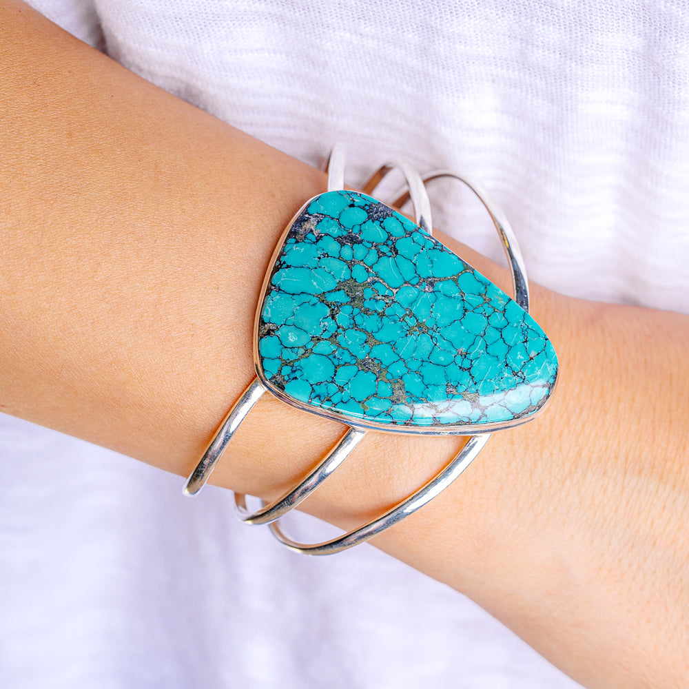 Tibetan Turquoise Cuff Bracelet Adjustable (.925 Sterling Silver)