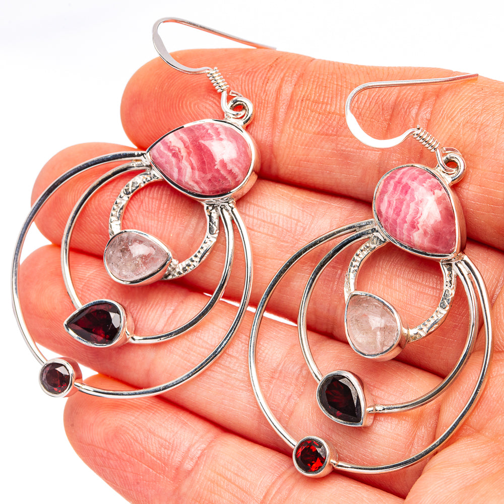 Signature Rhodochrosite, Rose Quartz, Garnet Earrings 2 1/4" (.925 Sterling Silver)