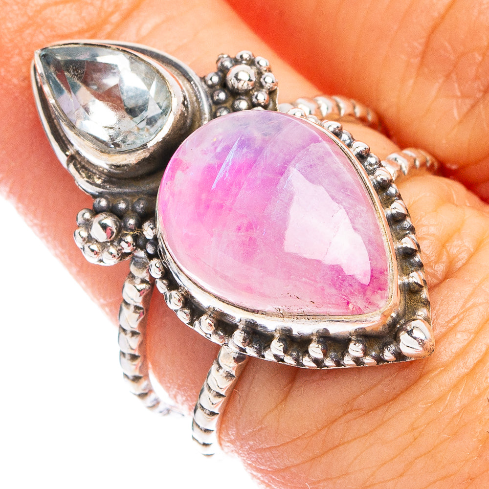 Pink Moonstone, Blue Topaz Ring Size 6.75 (.925 Sterling Silver)