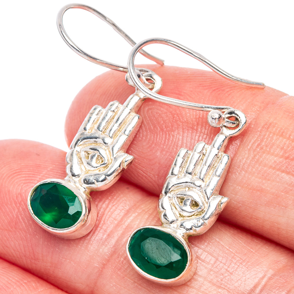 Green Onyx Evil Eye Earrings 1 1/4" (925 Sterling Silver) E433349