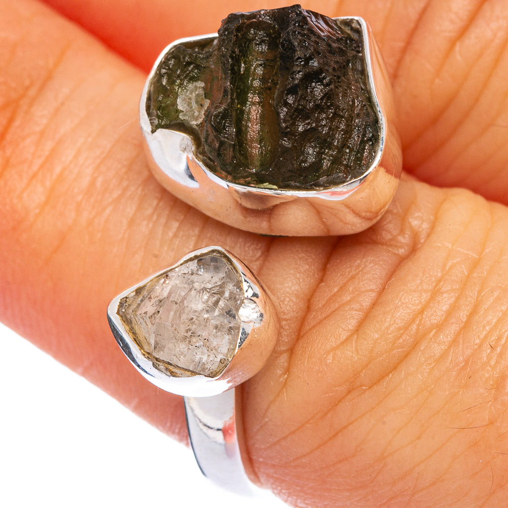 Rare Czech Moldavite, Herkimer Diamond Ring Size 6 Adjustable (925 Sterling Silver) R145569