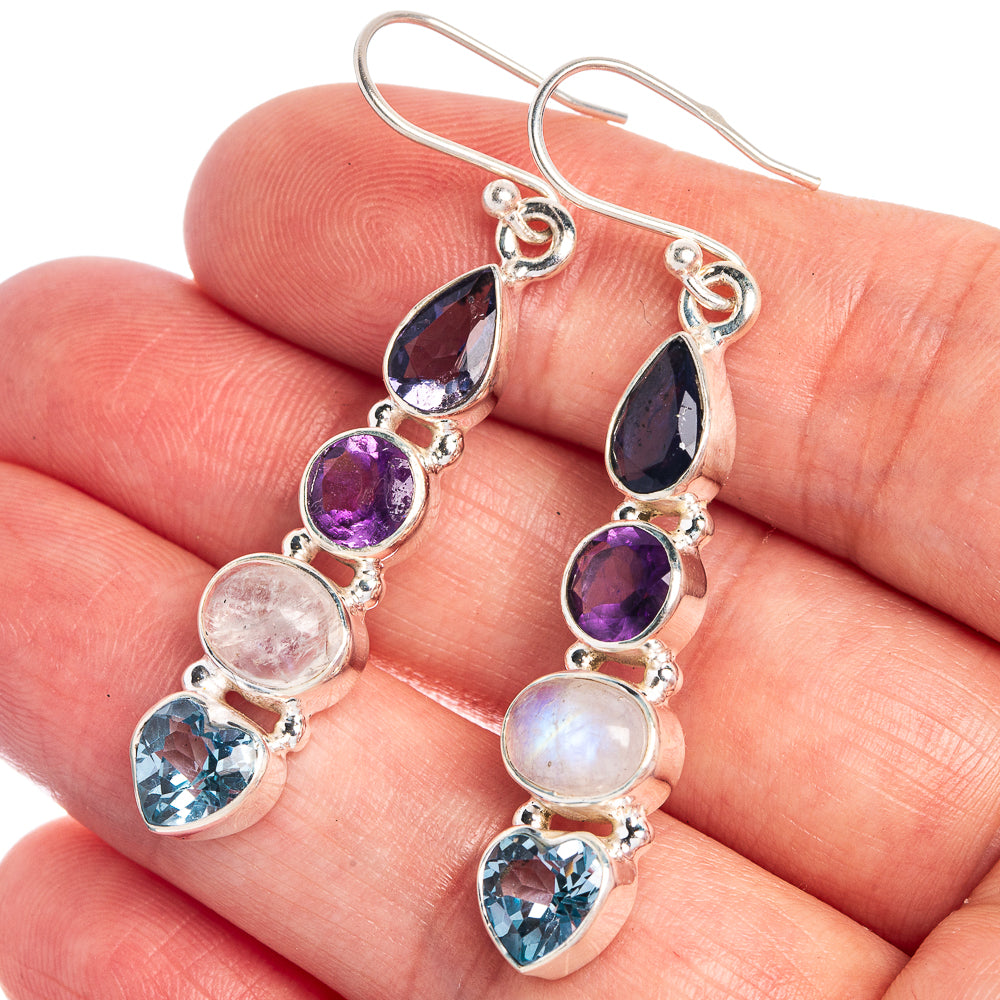 Rainbow Moonstone, Amethyst, Tanzanite, Blue Topaz Earrings 2" (925 Sterling Silver) E433019