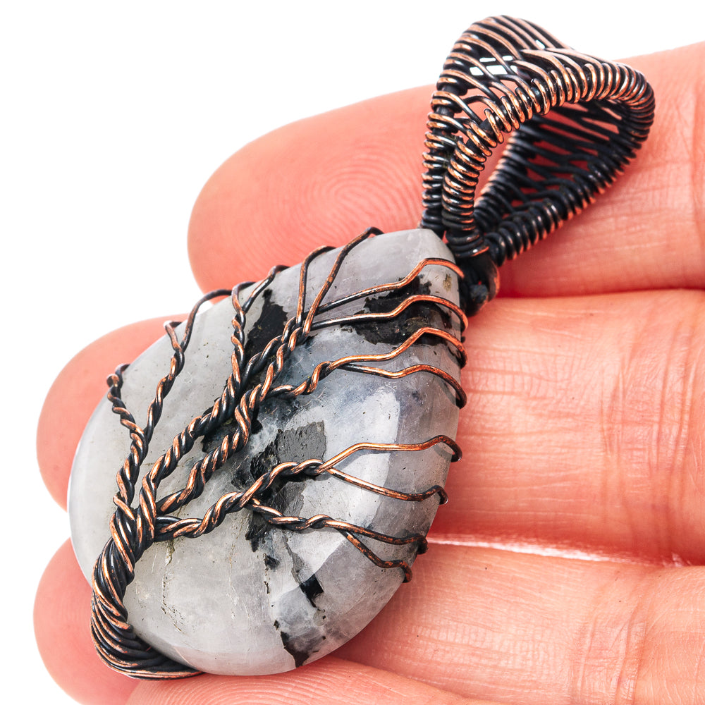 Rainbow Moonstone with Black Tourmaline Tree of Life Pendant 1 7/8" (Oxidized Copper)