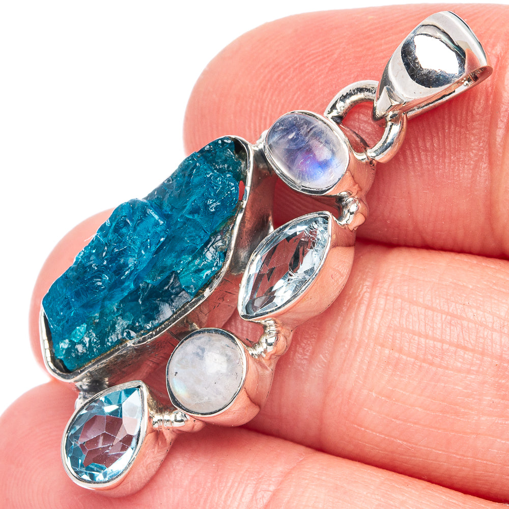 Blue Fluorite, Blue Topaz, Rainbow Moonstone Pendant 1 1/2" (925 Sterling Silver) P44361