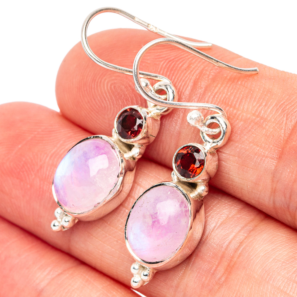 Pink Moonstone, Garnet Earrings 1 3/8" (925 Sterling Silver) E2568