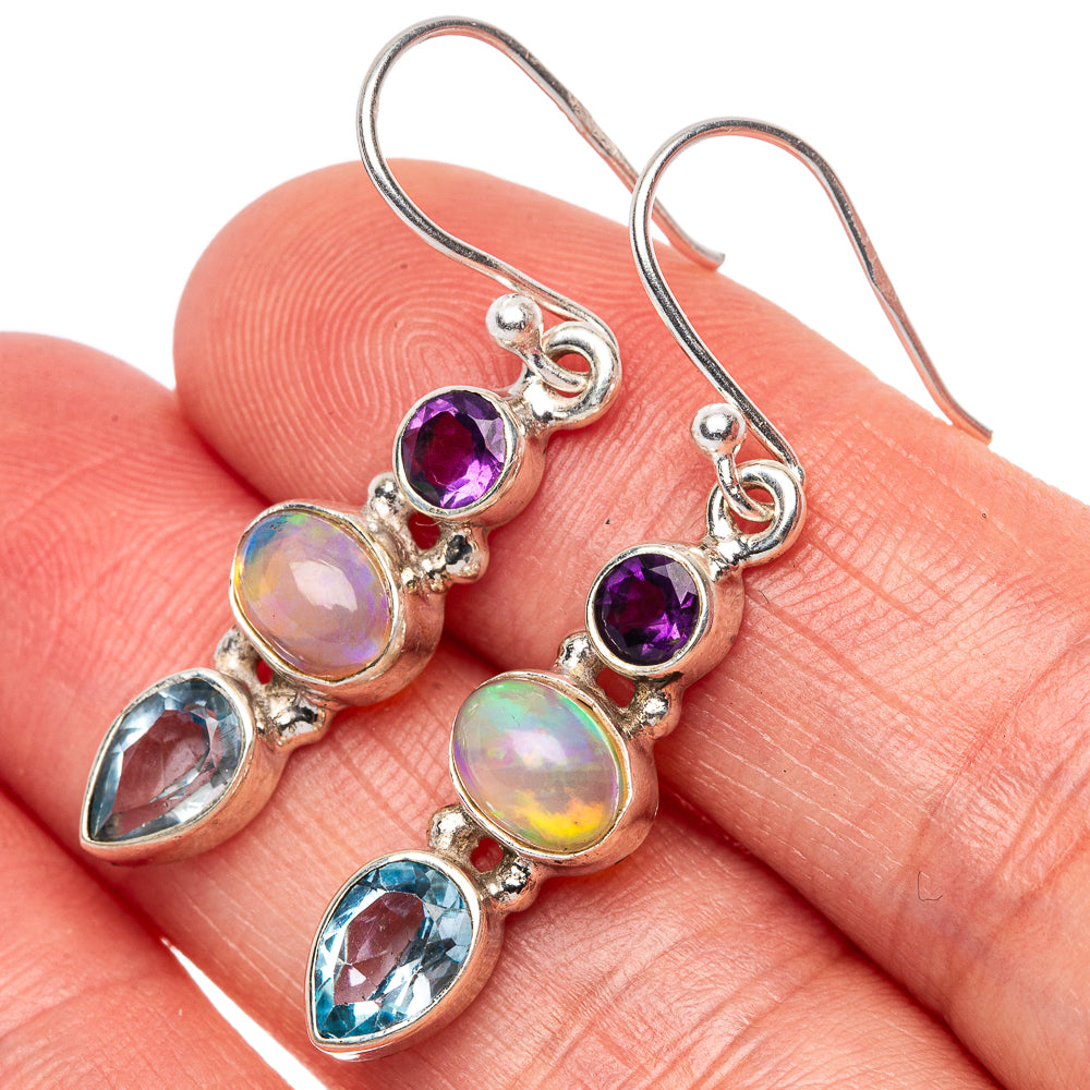 Rare Ethiopian Opal, Blue Topaz, Amethyst Earrings 1 1/2" (925 Sterling Silver) E1645