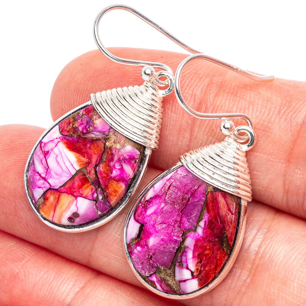 Kingman Pink Dahlia Turquoise Earrings 1 1/2" (925 Sterling Silver) E1905