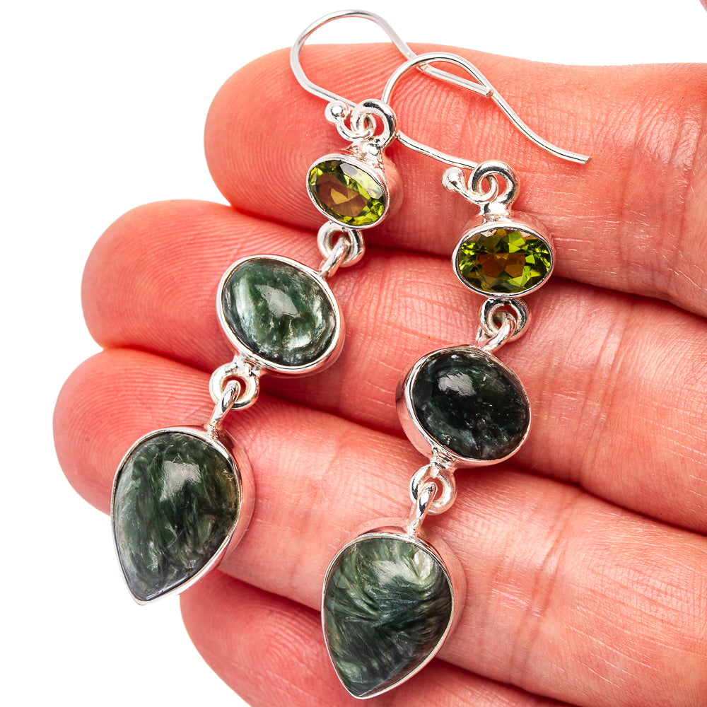 Premium Seraphinite, Peridot Earrings 2 1/4" (.925 Sterling Silver)