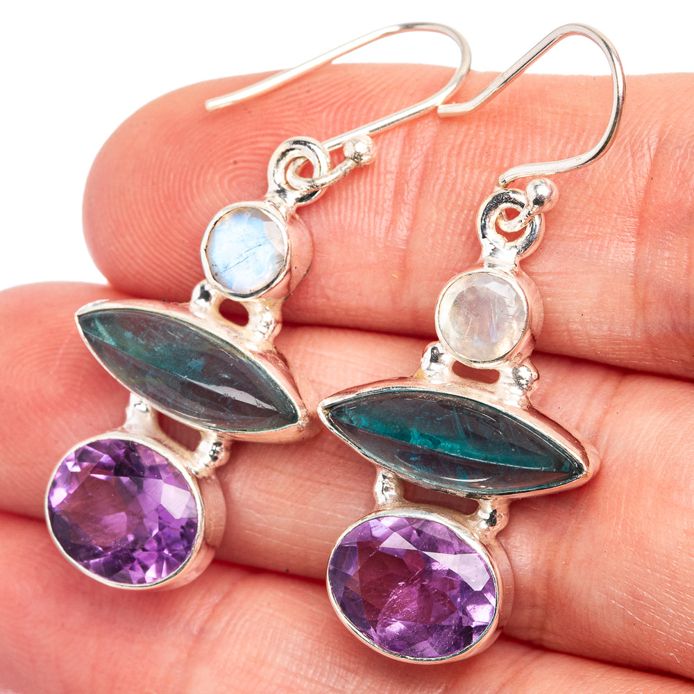 Aquamarine, Amethyst, Rainbow Moonstone Earrings 1 1/2" (925 Sterling Silver) E432575