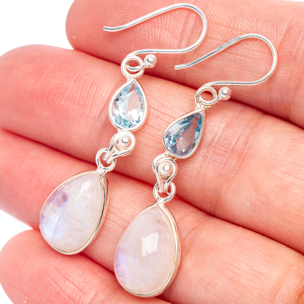 Rainbow Moonstone, Blue Topaz Earrings 1 3/4" (925 Sterling Silver) E433322