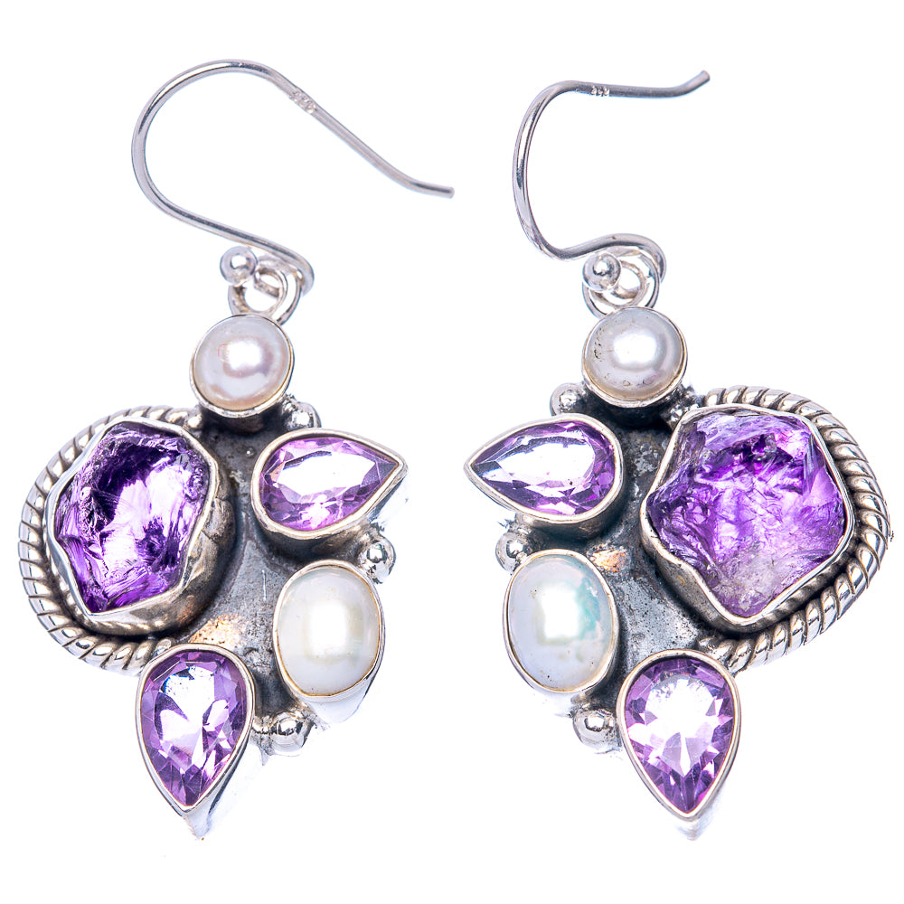 Premium Rough Amethyst, Rainbow Moonstone, Cultured Pearl 925 Sterling Silver Earrings 1 5/8" (925 Sterling Silver) E1218