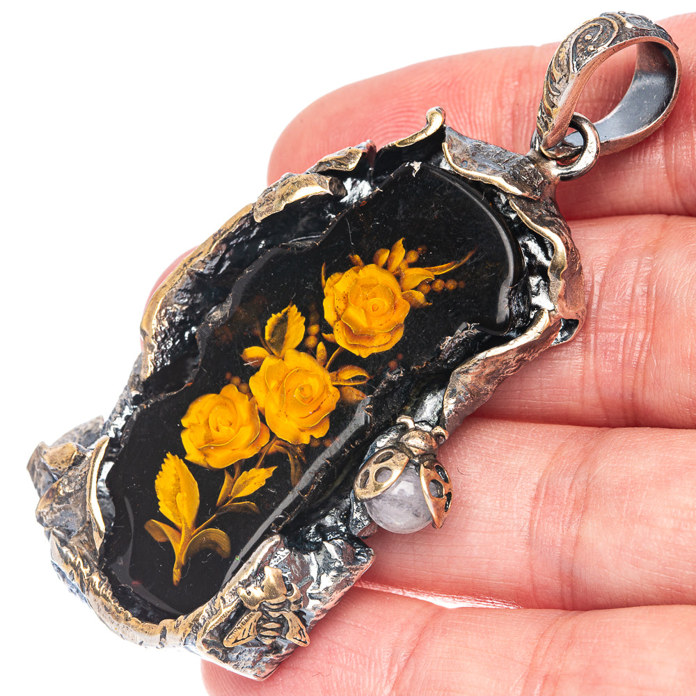 Anasilvercos Baltic Amber Cameo Pendant 2 5/8" (925 Sterlnig Silver)