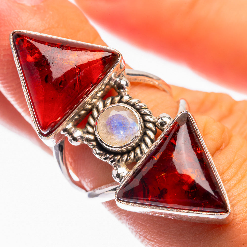 Large Baltic Amber, Rainbow Moonstone Ring Size 6 (925 Sterling Silver) R142179