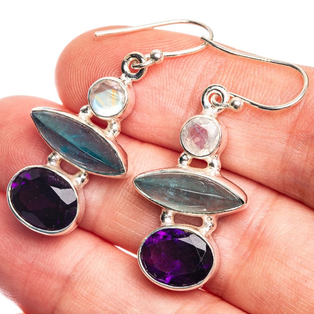 Amethyst, Aquamarine, Rainbow Moonstone Earrings 1 5/8" (925 Sterling Silver) E432651