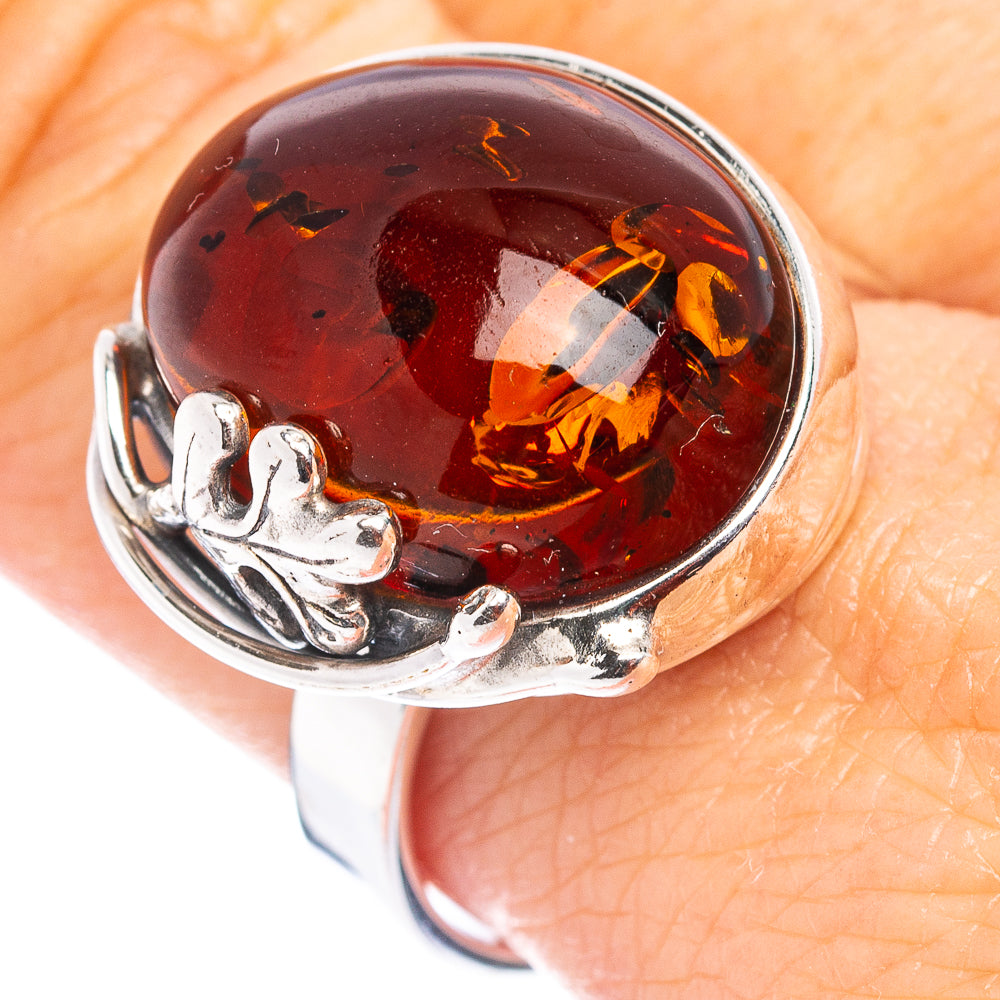 Baltic Amber Leaf Ring Size 9 Adjustable (.925 Sterling Silver)
